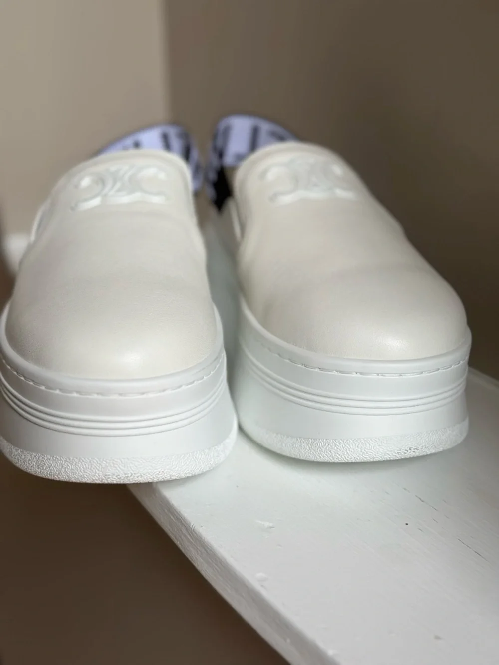 Celine White Leather Platform Slip-On with Black Logo Heel Strap
